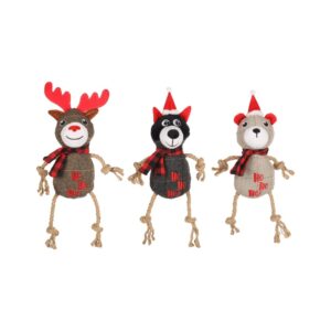 Peluches de Noël avec pattes en corde : caribou, raton laveur, ours